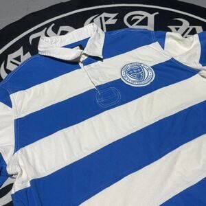 Blue and White Ocean Pacific Striped Polo Shirt with Embroidery